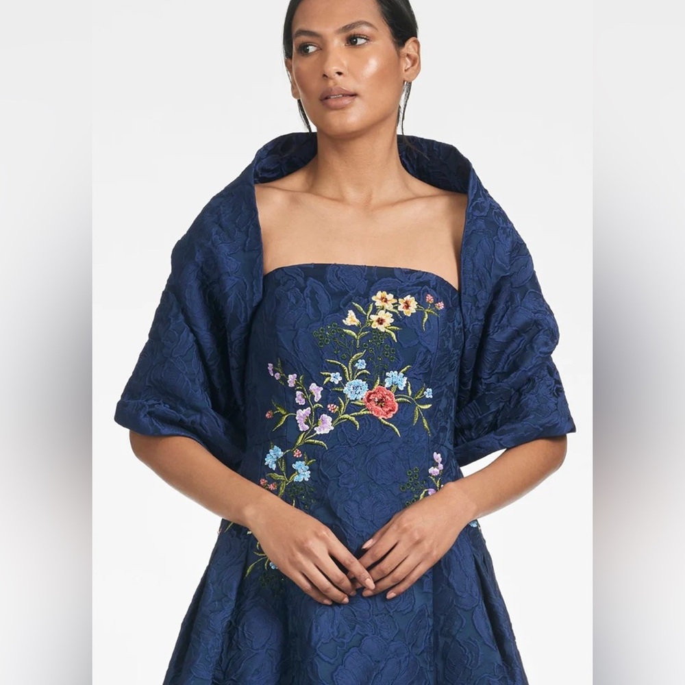 Sachin + Babi Navy Strapless Gown with Colorful Embroidery - Picture 5 of 12
